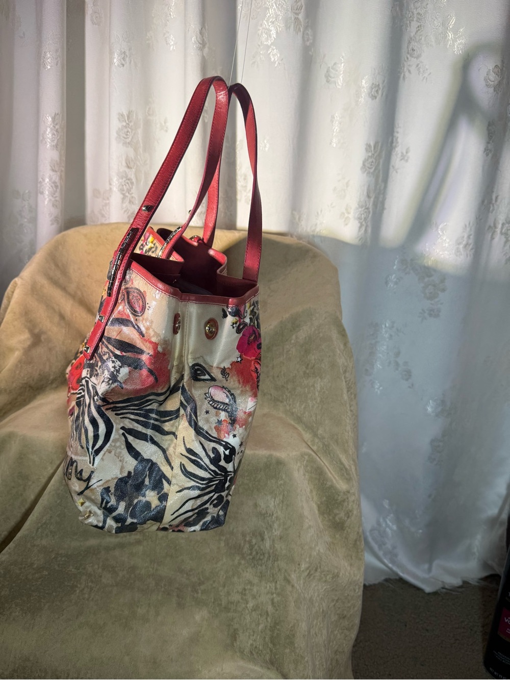 Jimmy Choo Floral Multicolor Tote with Red Handles - Picture 6 of 11